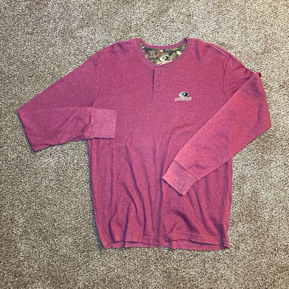 Mossy Oak Men’s L Regular Solid Purple Cotton Blend Long Sleeve Henley Tee